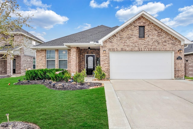 single story home featuring brick siding, concrete driveway, a front lawn, and a garage