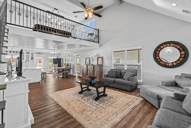 living area with visible vents, dark wood-style floors, recessed lighting, stairway, and ceiling fan