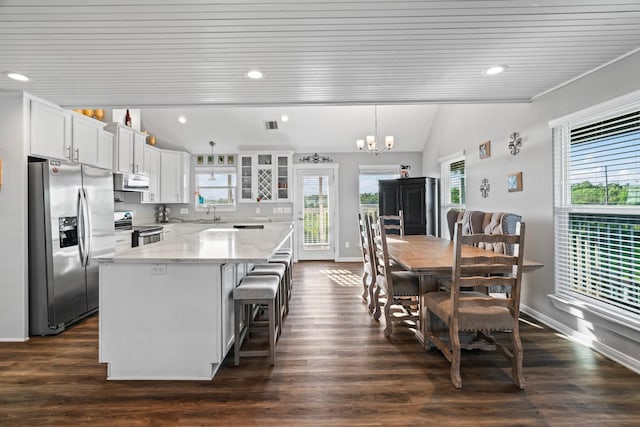 kitchen with lofted ceiling, stainless steel appliances, dark wood-type flooring, white cabinets, and a center island