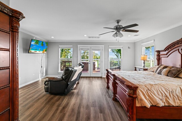 bedroom featuring visible vents, ornamental molding, access to exterior, dark wood-type flooring, and french doors