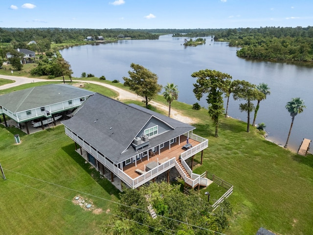 drone / aerial view featuring a water view