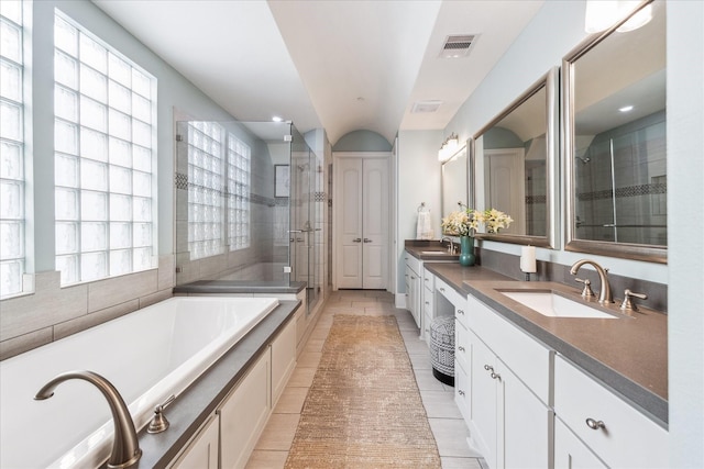 full bath with a wealth of natural light, visible vents, a shower stall, and a sink