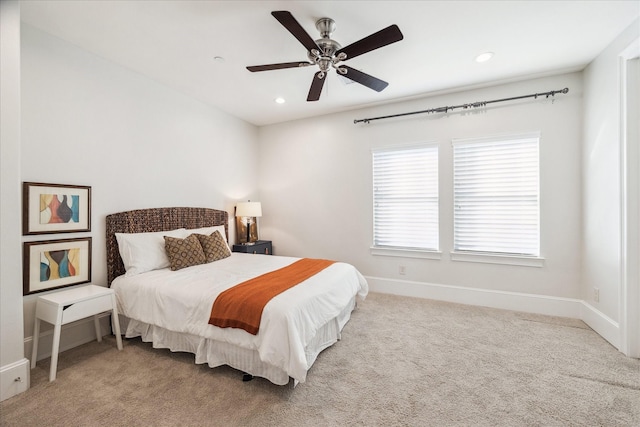 bedroom with carpet flooring, recessed lighting, baseboards, and ceiling fan