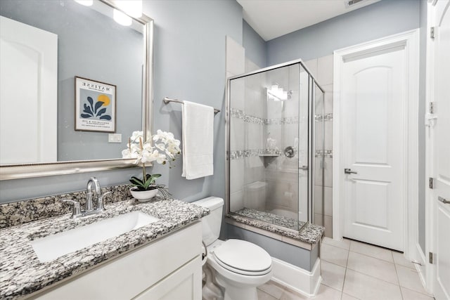 full bath featuring visible vents, a shower stall, toilet, tile patterned floors, and vanity