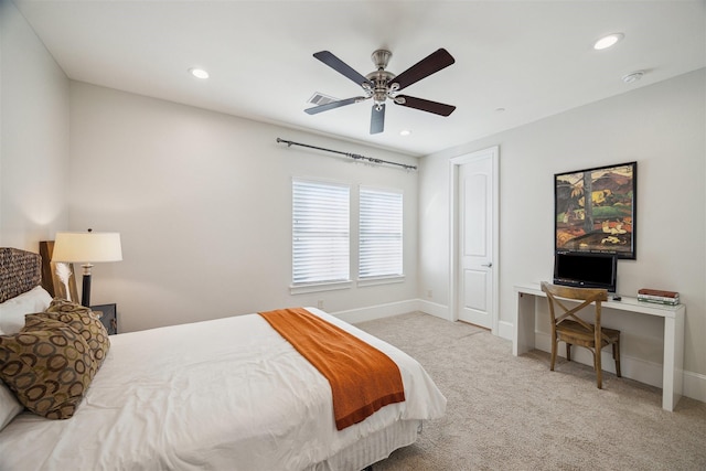 bedroom with carpet flooring, recessed lighting, a ceiling fan, and baseboards