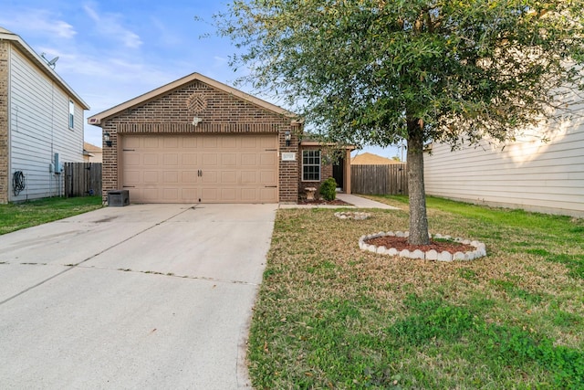 ranch-style home featuring concrete driveway, an attached garage, fence, and brick siding