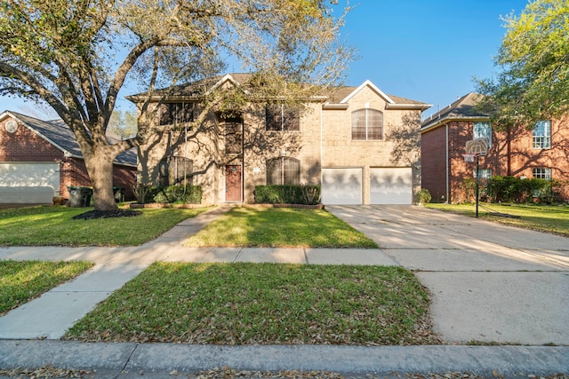 view of front of home with a garage, a front lawn, driveway, and stucco siding