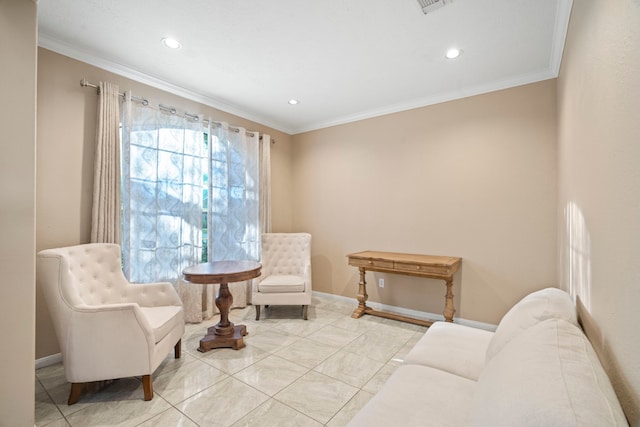 living area featuring recessed lighting, baseboards, light tile patterned flooring, and crown molding