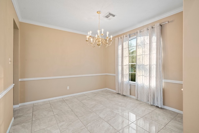 tiled empty room featuring ornamental molding, baseboards, visible vents, and a chandelier