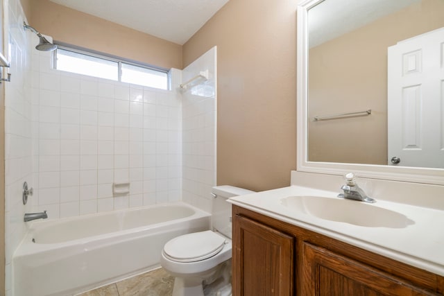 bathroom featuring vanity, shower / washtub combination, a textured ceiling, tile patterned floors, and toilet