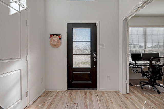 entryway featuring plenty of natural light, wood finished floors, and baseboards