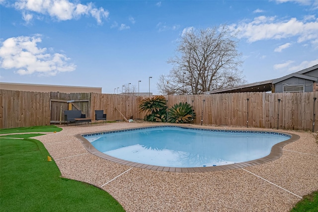 view of pool featuring a fenced in pool, a fenced backyard, and a patio area