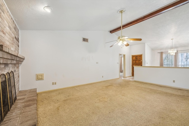 unfurnished living room featuring visible vents, lofted ceiling with beams, light carpet, ceiling fan with notable chandelier, and a fireplace