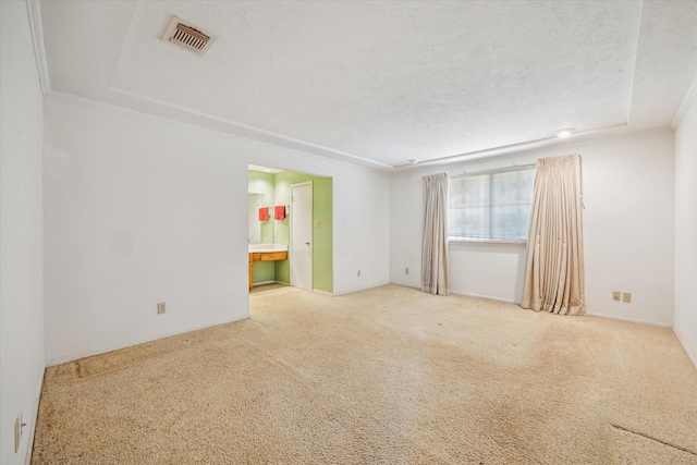 carpeted empty room with visible vents and a textured ceiling