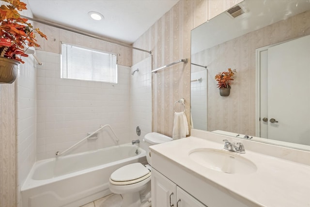 bathroom with visible vents, toilet, shower / washtub combination, wallpapered walls, and vanity