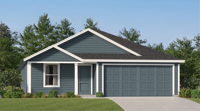 view of front of house featuring a garage, driveway, a front lawn, and roof with shingles