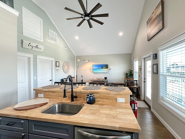 kitchen with dishwasher, an island with sink, dark wood-style floors, high vaulted ceiling, and a sink