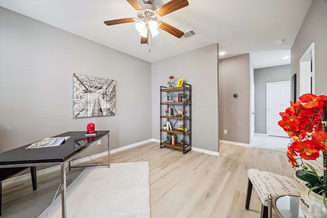 office featuring visible vents, baseboards, light wood-style flooring, recessed lighting, and ceiling fan