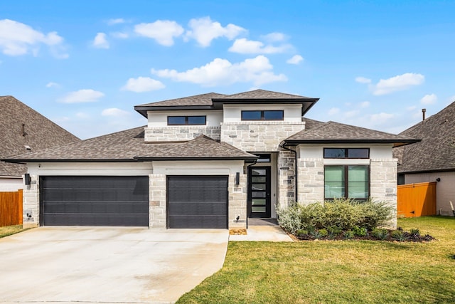 prairie-style house featuring a front yard, fence, a shingled roof, concrete driveway, and stone siding