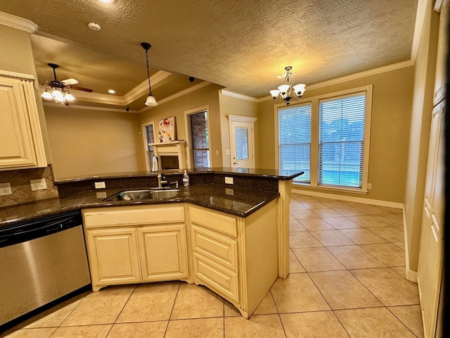 kitchen with stainless steel dishwasher, crown molding, light tile patterned floors, and a sink