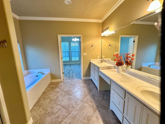 full bath with double vanity, a garden tub, crown molding, and a sink