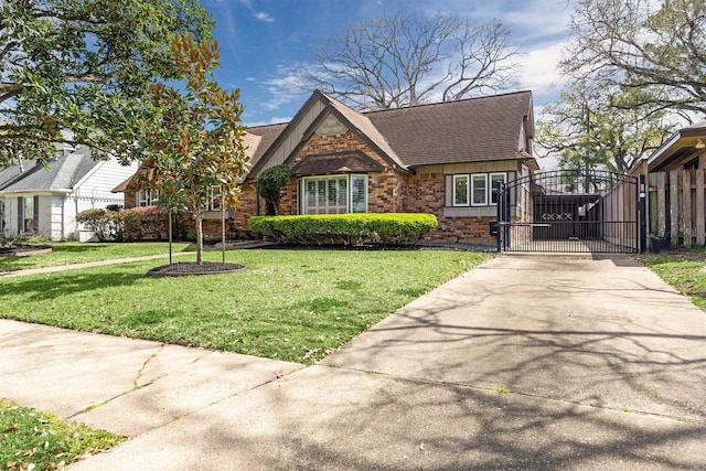 view of front of property featuring a gate, fence, roof with shingles, a front lawn, and brick siding