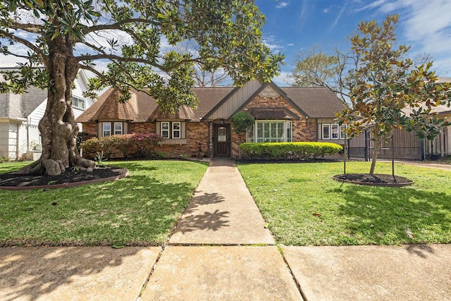 view of front of property with brick siding, board and batten siding, and a front lawn