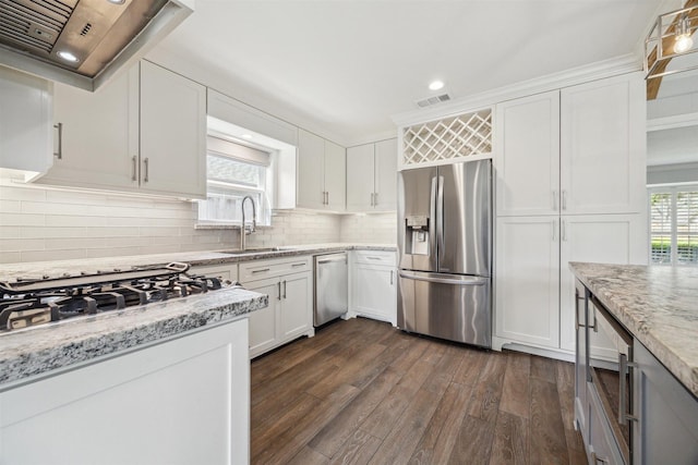 kitchen featuring visible vents, a sink, backsplash, range hood, and appliances with stainless steel finishes