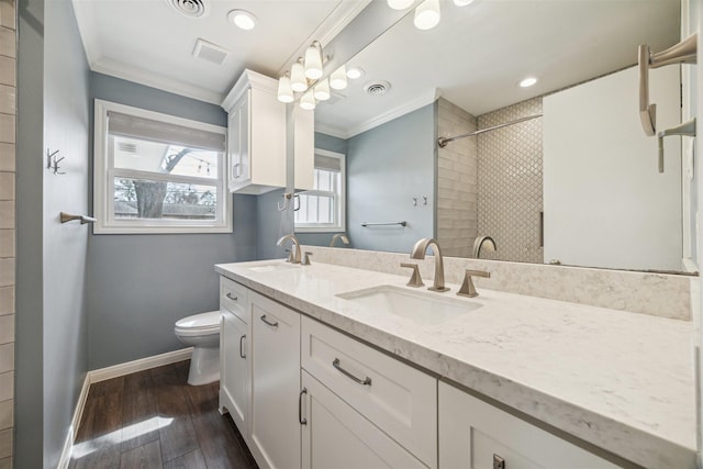 bathroom with visible vents, ornamental molding, and a sink