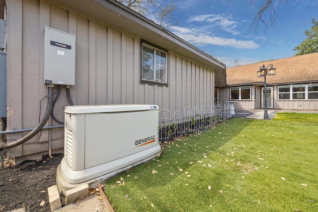 exterior details with board and batten siding and a power unit