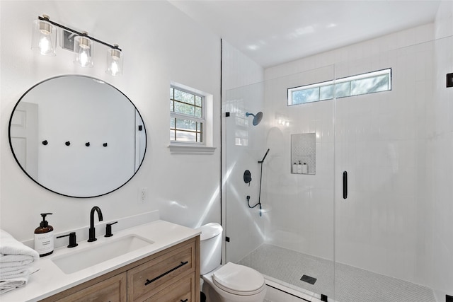 full bath featuring plenty of natural light, a stall shower, toilet, and vanity