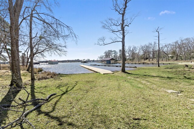 view of yard with a dock and a water view