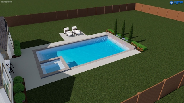 view of pool with a pool with connected hot tub, a patio, and fence