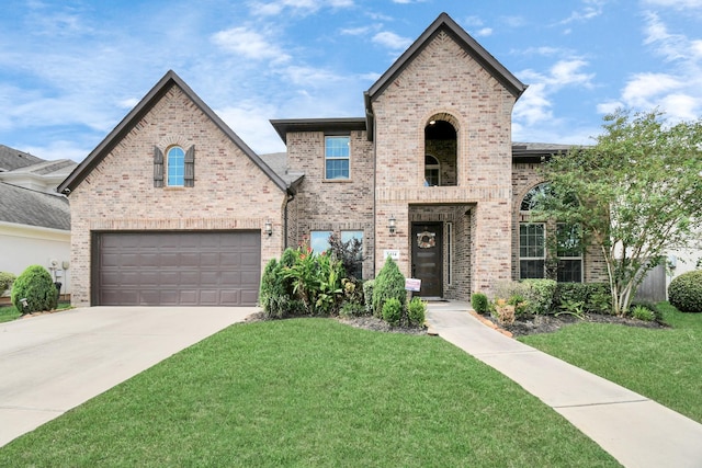 view of front of house featuring brick siding, a garage, driveway, and a front yard