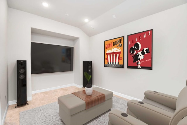 living room featuring recessed lighting, baseboards, carpet floors, and vaulted ceiling