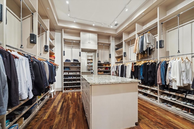 spacious closet with dark wood finished floors and visible vents