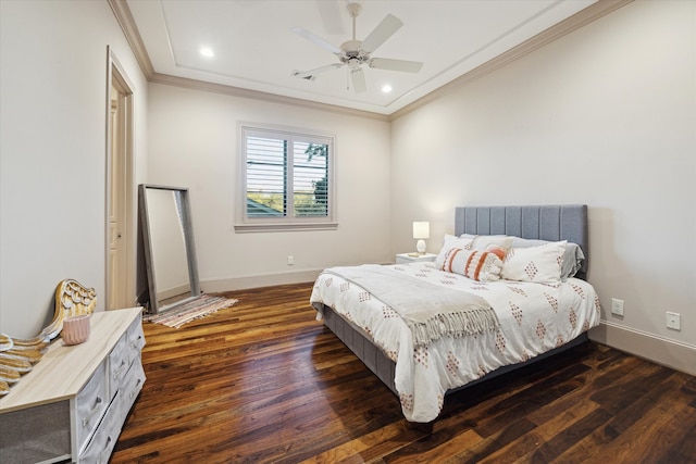 bedroom with baseboards, dark wood-style floors, and ornamental molding