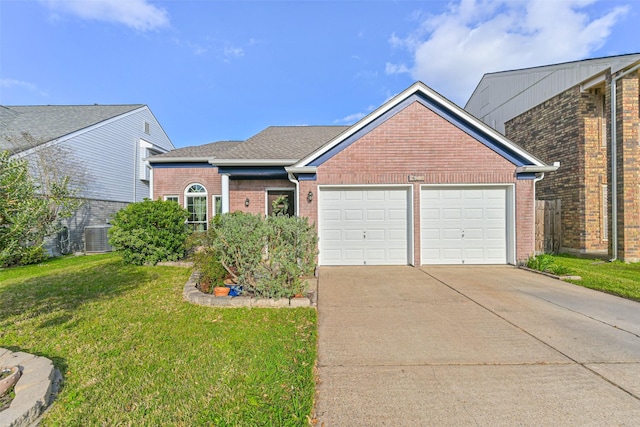 ranch-style home featuring a front lawn, concrete driveway, an attached garage, brick siding, and central AC unit