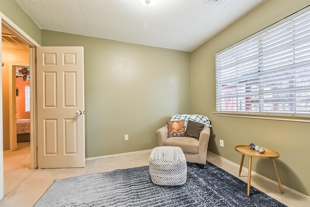 sitting room featuring baseboards, a textured ceiling, and carpet flooring