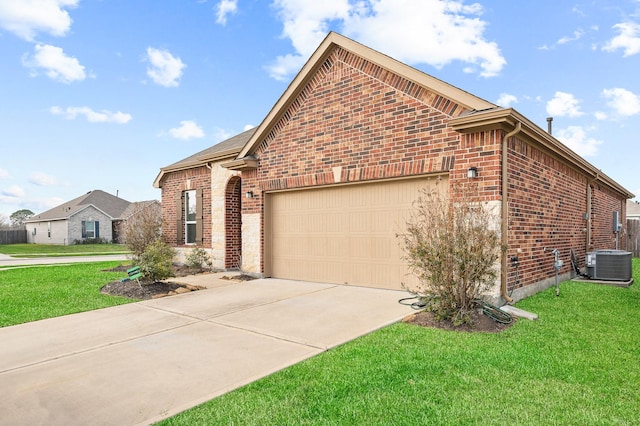 view of front of home with a front lawn, central air condition unit, an attached garage, and brick siding