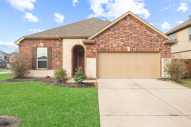 view of front facade with brick siding, a shingled roof, a garage, stone siding, and driveway