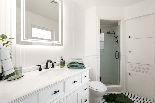 full bathroom featuring visible vents, vanity, toilet, and a shower stall