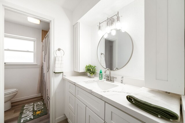 bathroom with toilet, vanity, baseboards, and wood finished floors