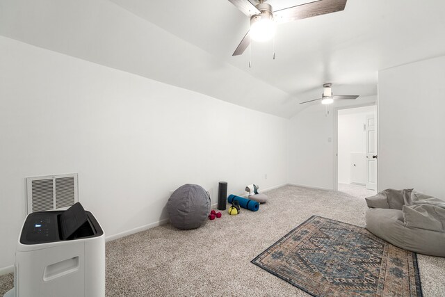 playroom with lofted ceiling, baseboards, visible vents, and carpet floors