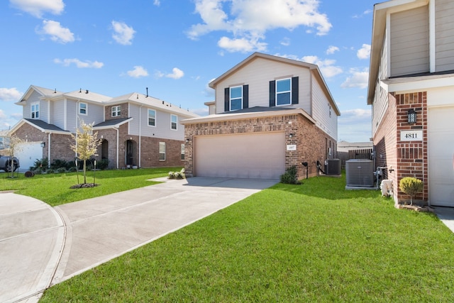 view of front of home with brick siding, central AC, concrete driveway, and an attached garage