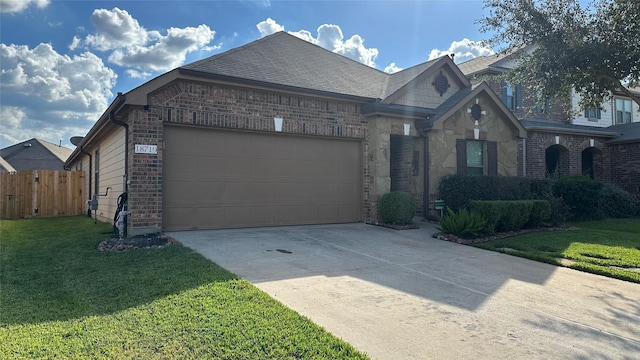 view of front of house with brick siding, a front lawn, fence, a garage, and driveway