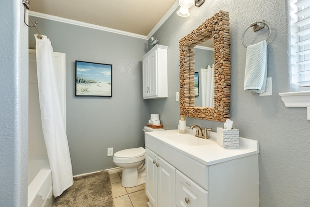 bathroom with toilet, shower / tub combo with curtain, crown molding, tile patterned flooring, and vanity