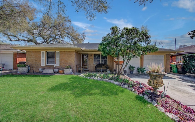 ranch-style home featuring a front yard, brick siding, a garage, and driveway