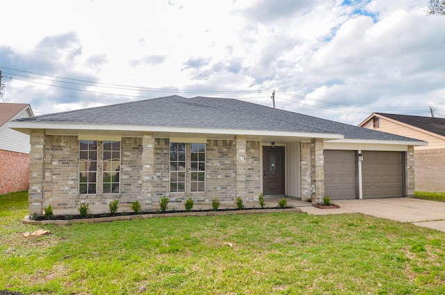 single story home with a front yard, driveway, a shingled roof, a garage, and brick siding