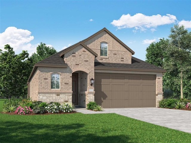 french country inspired facade featuring a shingled roof, a front yard, a garage, stone siding, and driveway